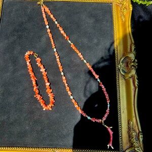 Antique Coral and Freshwater Pearl Necklace and Bracelet Set